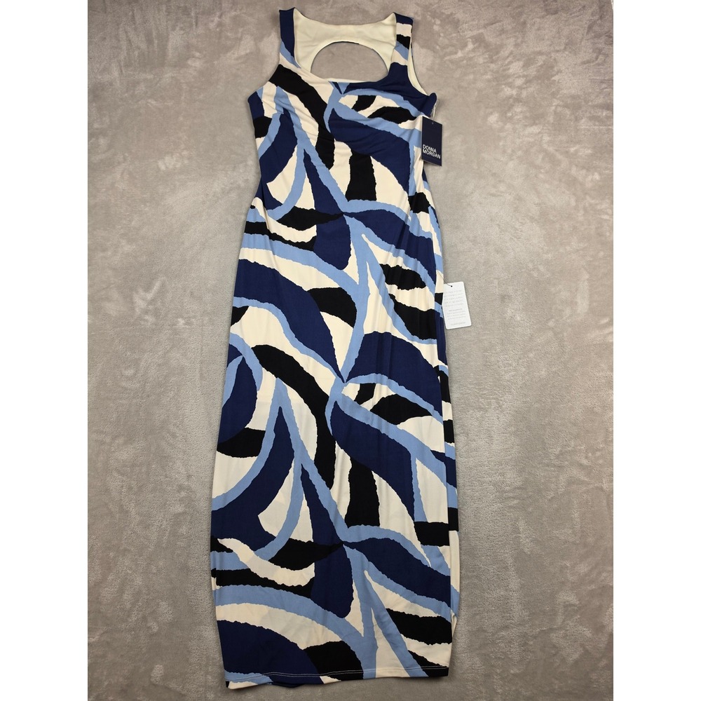 Donna Morgan Maxi Dress Women 4 Eggshell Blue Abstract Cutout Back Stretch